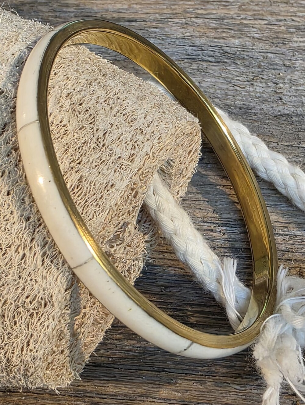 India Raw Brass and Cream Yak Bone Handcrafted Tribal Bangle Bracelet